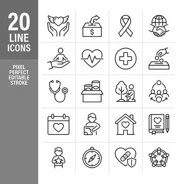 Set of 20 thin line icons for charity, healthcare, and community support, i.. 스톡 일러스트