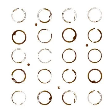 Set of 20 vector coffee stains. Brown coffee cup bottom rings and drop splash Stock Illustration