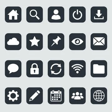 Set of 20 white flat interface icons for web and mobile applications on dar.. Stock Illustration