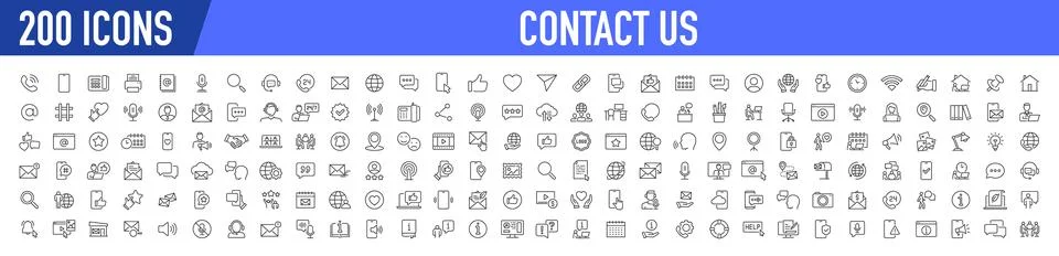 Set of 200 Contact Us web icons in line style. Web and mobile icon. Chat, s.. Stock Illustration