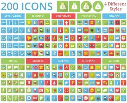 Set of 200 icons. 4 Different Styles. Stock Illustration