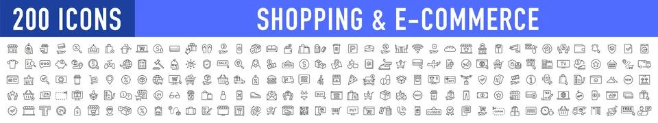 Set of 200 Shopping and E-Commerce web icons in line style. Online shopping.. Stock Illustration