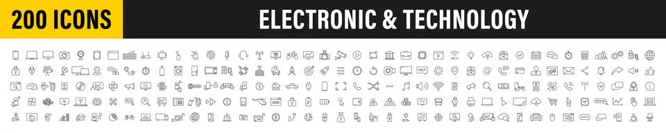 Set of 200 Technology and Electronics and Devices web icons in line style. .. Stock Illustration