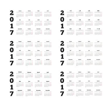 Set of 2017 year simple calendars on different languages Stock Illustration