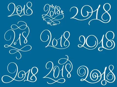 Set of 2018 on blue background. Hand drawn Calligraphy lettering Vector 스톡 일러스트