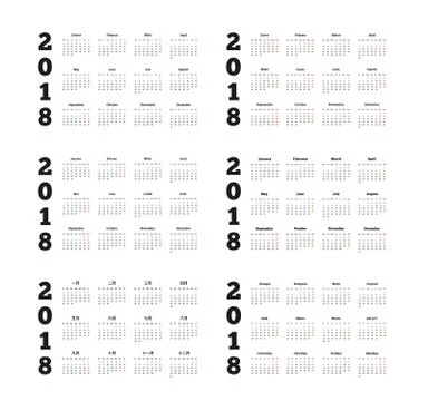 Set of 2018 year simple calendars on different languages Stock Illustration