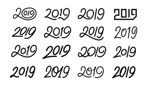 Set of 2019 calligraphic numbers. Editable stroke Stock Illustration