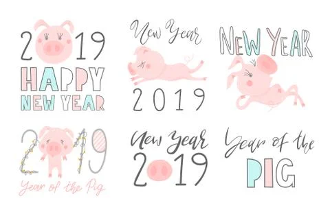 Set of 2019 text design pattern with cute pigs. Collection of Happy New Year  Illustrazione stock