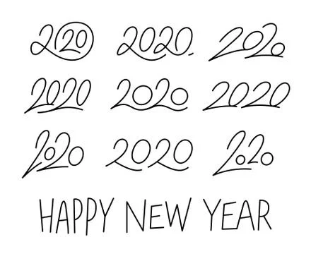 Set of 2020 calligraphic numbers. Editable stroke Stock Illustration