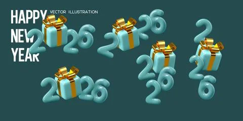 Set of 2026 New Year numbers with gift box. Stock Illustration