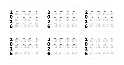 Set of 2026 year simple horizontal a4 size calendars in english, spanish Stock Illustration