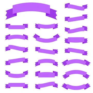 Set of 21 flat violet isolated ribbon banners. Suitable for design. Stock Illustration