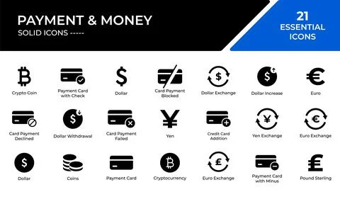 Set of 21 solid black payment and money icons for financial interface design Stock Illustration