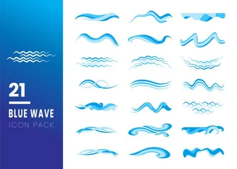 Set of 21 wave, icon vector logo design elements. Simple blue wave icon isola Illustrazione stock