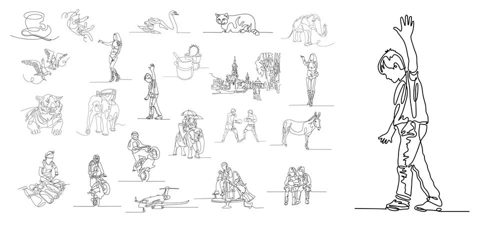 Set of 22 one line drawings, vector illustration collection Stock Illustration