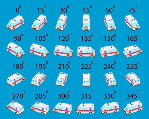 A set of 24 ambulance from different angles. Stock Illustration