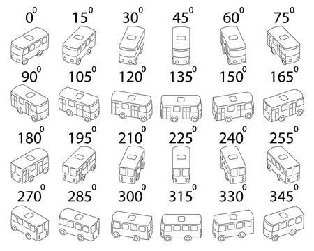 A set of 24 buses outline from different angles. Stock Illustration