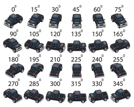 A set of 24 cartoon pickups from different angles. Stock Illustration