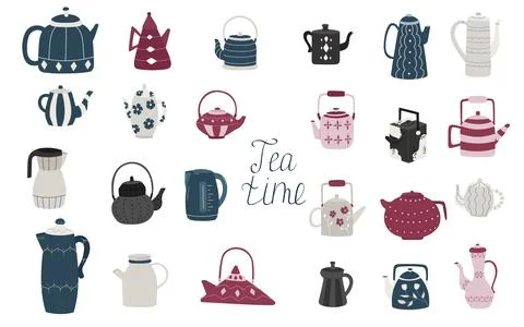 Set of 24 different teapots. Ceramic, electric, glass tea pots. Vector Stock Illustration