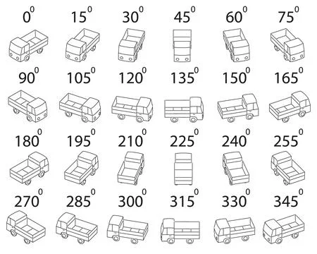 A set of 24 dump  trucks from different angles. Stock Illustration