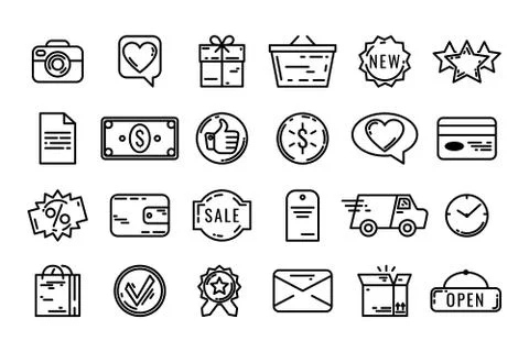 Set of 24 E-commerce and shopping web icons in line style. Vector illustratio Stock Illustration