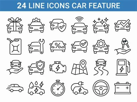 Set of 24 line icons featuring various car features and symbols. Stock Illustration