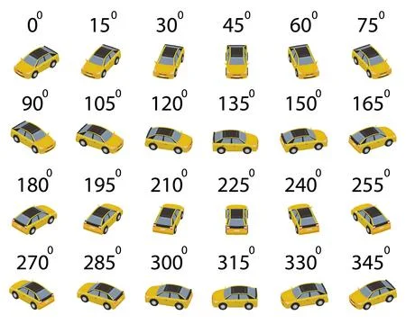 A set of 24 pixel car from different angles. Stock Illustration