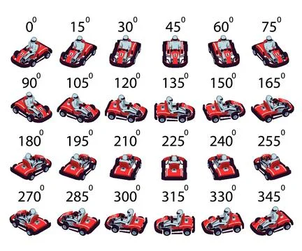 A set of 24 pixel superkart from different angles. Stock Illustration