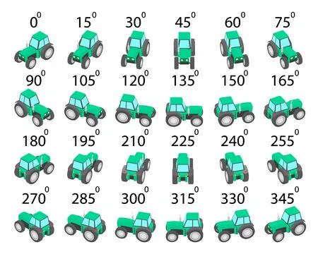 A set of 24 tractors from different angles. Stock Illustration