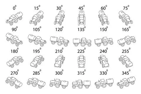 A set of 24 tractors transporting liquid in outline from different angles. Stock Illustration