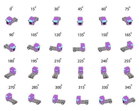 Set of 24 trucks without semi-trailer from different angles. Stock Illustration