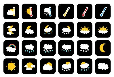 Set of 24 weather square colored flat style black icons isolated on transparent Stock Illustration