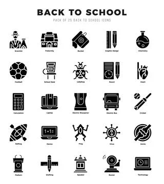 Set of 25 Back To School Glyph Icons Pack. Ilustración de archivo