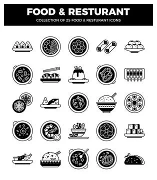 Set of 25 black and white food and restaurant icons. Isolated on white. Stock Illustration