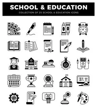 Set of 25 black and white education and school icons. Stock Illustration
