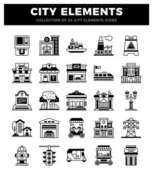 Set of 25 black and white city element icons collected on a white background. Stock Illustration