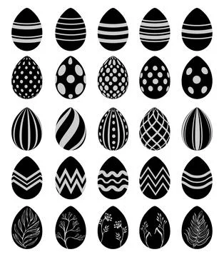 Set of 25 black Easter eggs isolated on white background - Vector Stock Illustration