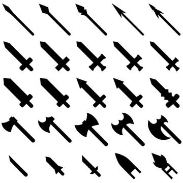 Set of 25 Black Silhouette Weapon Icons isolated on white background. Vector. Stock Illustration