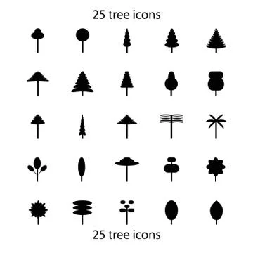 Set of 25 black trees vector icons. Cute trees Stock-Illustration