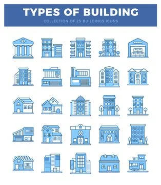 Set of 25 blue and white building icons arranged in a grid. Ilustración de archivo