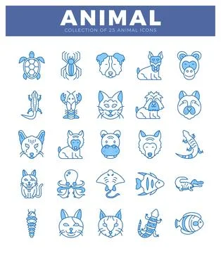Set of 25 blue line art animal icons on white background. Collection of sim.. Stock Illustration