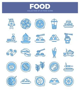 Set of 25 blue line art food icons on a white background. Stock Illustration