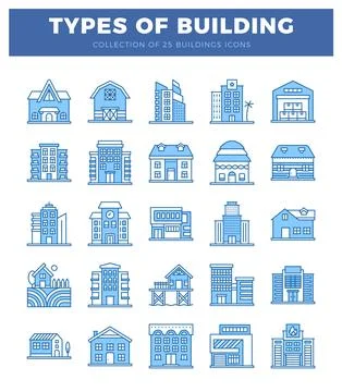 Set of 25 blue line building icons on white Ilustración de archivo