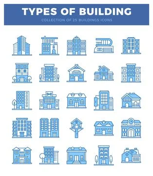 Set of 25 blue line icon buildings in a grid format on a white background. .. Ilustración de archivo