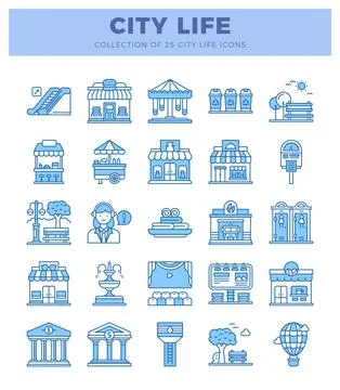 Set of 25 blue line icons representing city life elements. urban icons on a.. Ilustración de archivo
