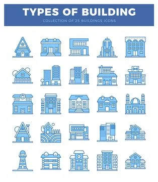 Set of 25 blue outline building icons on white background Ilustración de archivo