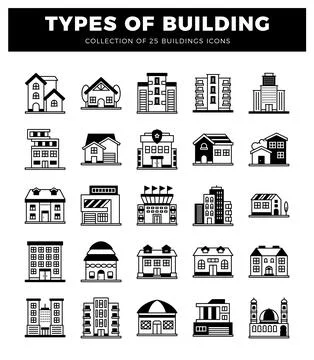 Set of 25 building icons architecture. house. apartment. office. sports sta.. Ilustración de archivo