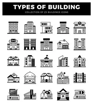 Set of 25 building icons in black and white. collection of building types Ilustración de archivo