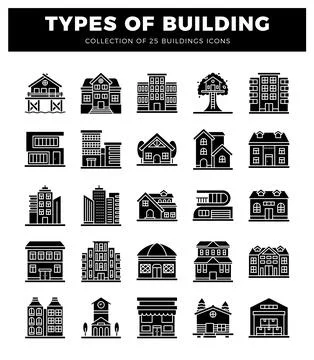 Set of 25 building icons. Collection of building icons. Ilustración de archivo