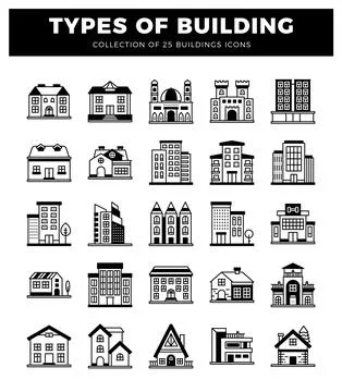 Set of 25 building icons. diverse architectural styles. on white background.. Ilustración de archivo